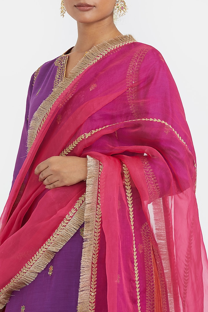 Purple Silk Chanderi Sequins Embroidered Straight Kurta Set by Kora at Pernia's Pop Up Shop