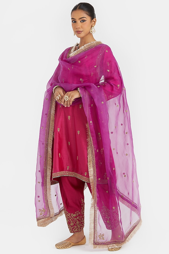 Fuchsia Silk Chanderi Sequins Embroidered A-Line Short Kurta Set by Kora at Pernia's Pop Up Shop