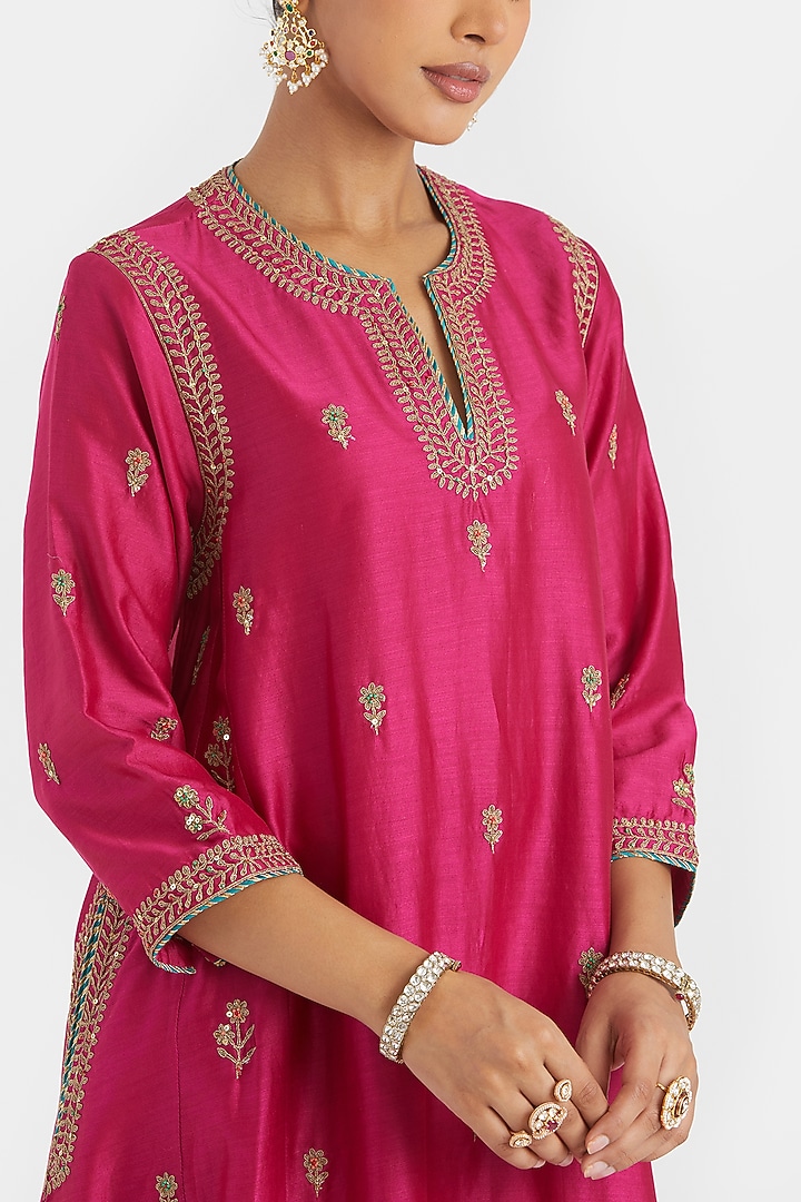 Fuchsia Silk Chanderi Sequins Embroidered A-Line Short Kurta Set by Kora at Pernia's Pop Up Shop