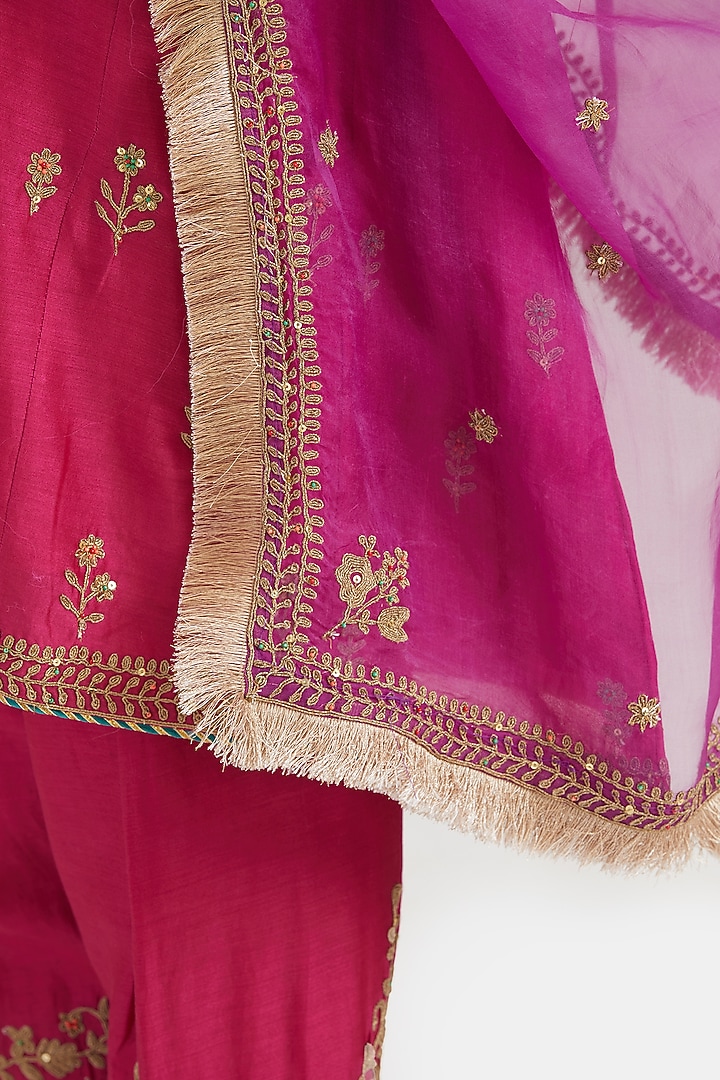 Fuchsia Silk Chanderi Sequins Embroidered A-Line Short Kurta Set by Kora at Pernia's Pop Up Shop