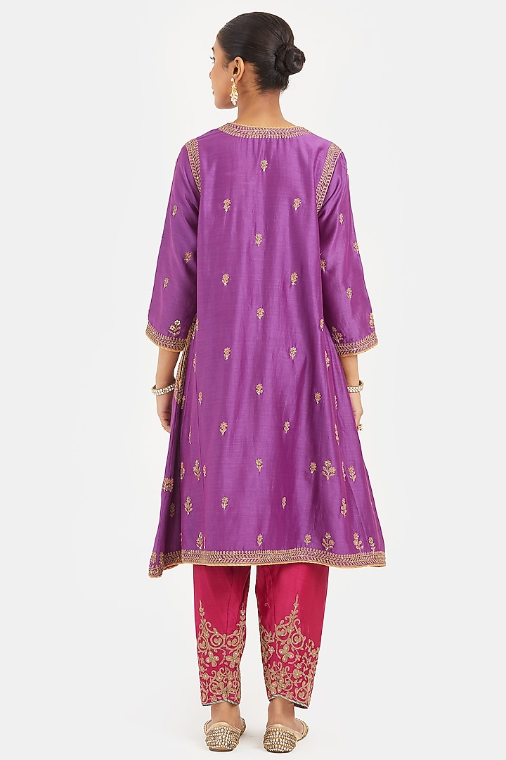 Purple Silk Chanderi Sequins Embroidered A-Line Short Kurta by Kora at Pernia's Pop Up Shop