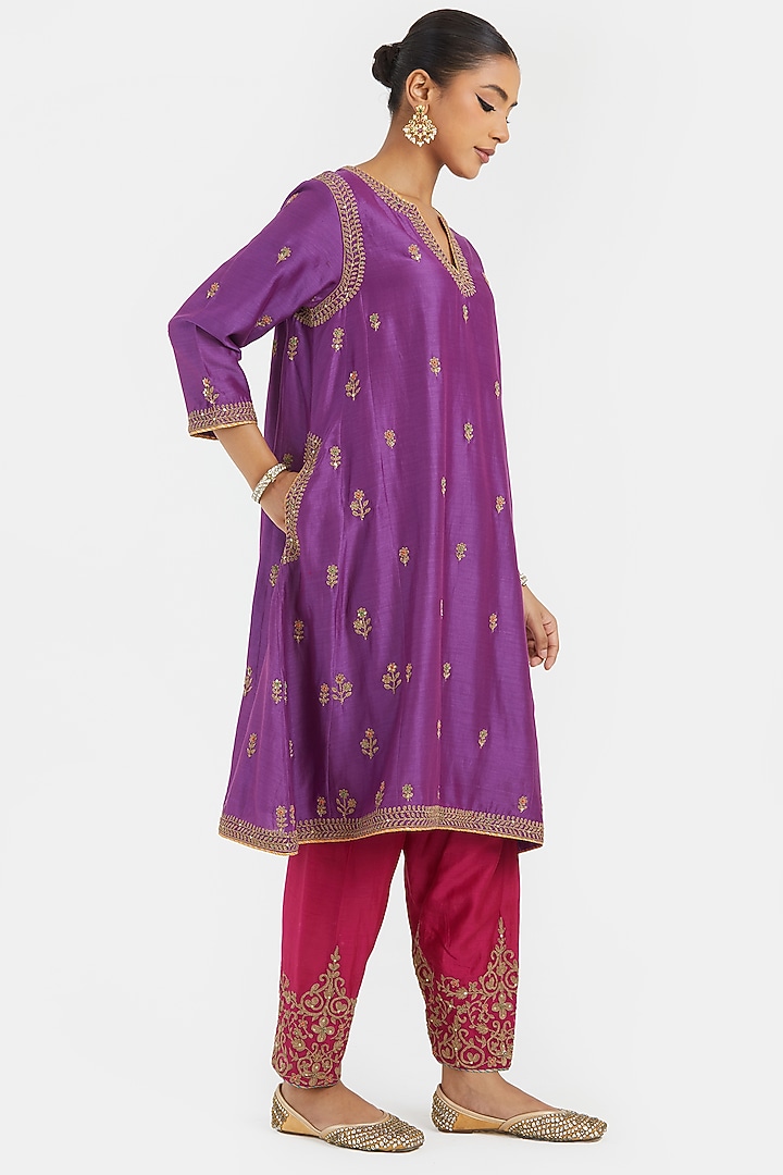 Purple Silk Chanderi Sequins Embroidered A-Line Short Kurta Set by Kora at Pernia's Pop Up Shop