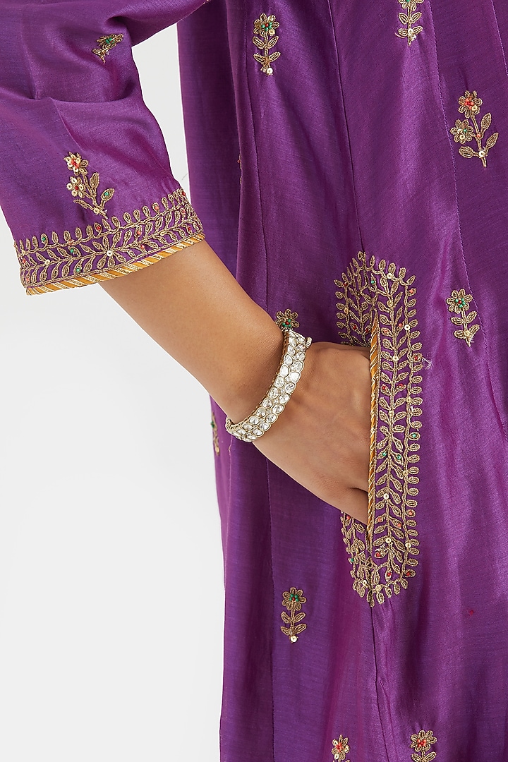 Purple Silk Chanderi Sequins Embroidered A-Line Short Kurta Set by Kora at Pernia's Pop Up Shop
