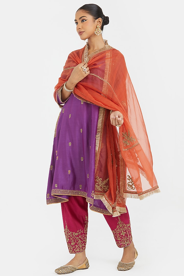 Purple Silk Chanderi Sequins Embroidered A-Line Short Kurta Set by Kora at Pernia's Pop Up Shop