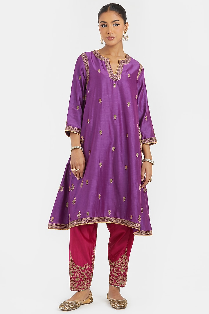 Purple Silk Chanderi Sequins Embroidered A-Line Short Kurta Set by Kora at Pernia's Pop Up Shop