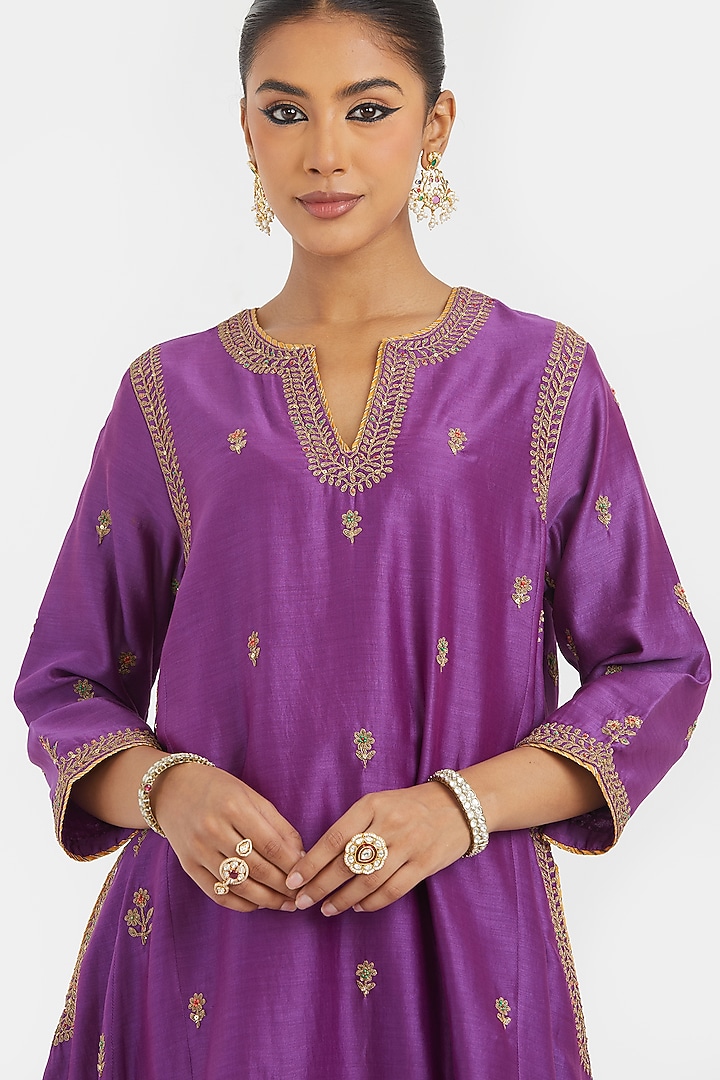 Purple Silk Chanderi Sequins Embroidered A-Line Short Kurta Set by Kora at Pernia's Pop Up Shop