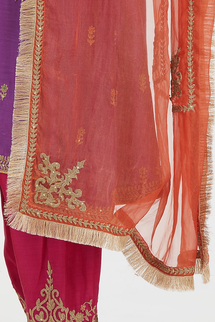 Purple Silk Chanderi Sequins Embroidered A-Line Short Kurta Set by Kora at Pernia's Pop Up Shop