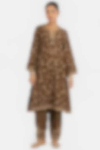 Olive Silk Chanderi Bead Embroidered A-Line Short Kurta by Kora at Pernia's Pop Up Shop