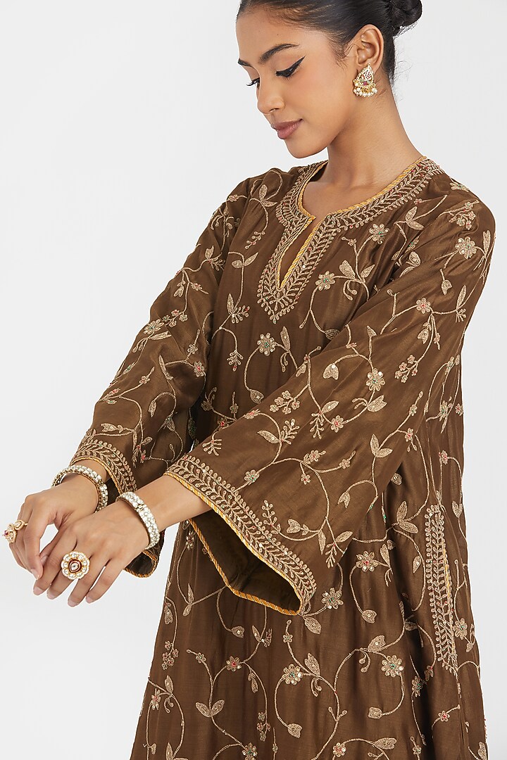 Olive Silk Chanderi Bead Embroidered A-Line Short Kurta by Kora at Pernia's Pop Up Shop
