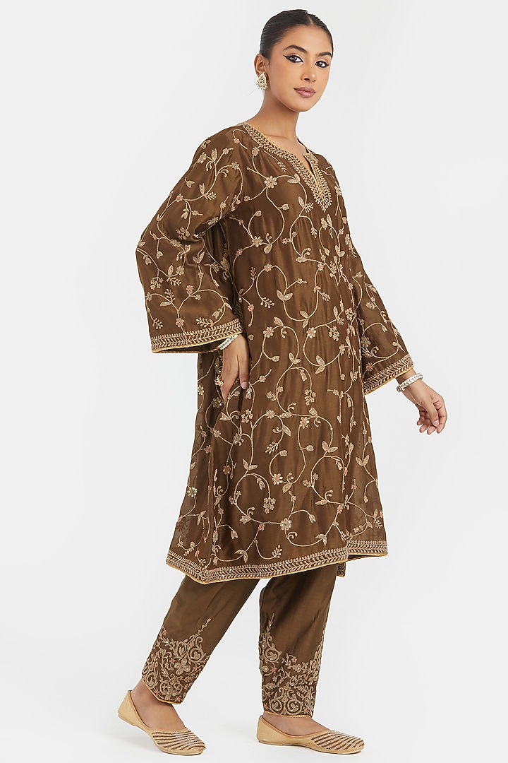 Olive Silk Chanderi Bead Embroidered A-Line Short Kurta Set by Kora at Pernia's Pop Up Shop