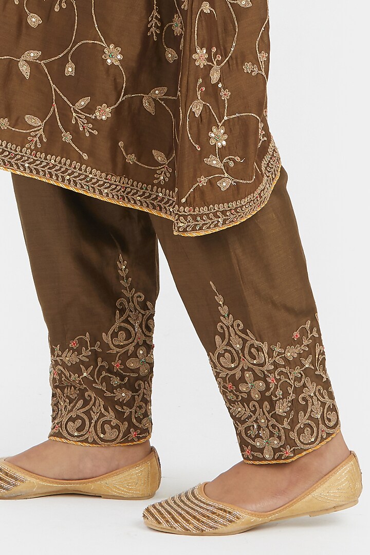 Olive Silk Chanderi Bead Embroidered A-Line Short Kurta Set by Kora at Pernia's Pop Up Shop