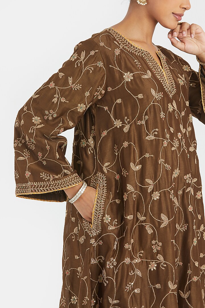 Olive Silk Chanderi Bead Embroidered A-Line Short Kurta Set by Kora at Pernia's Pop Up Shop