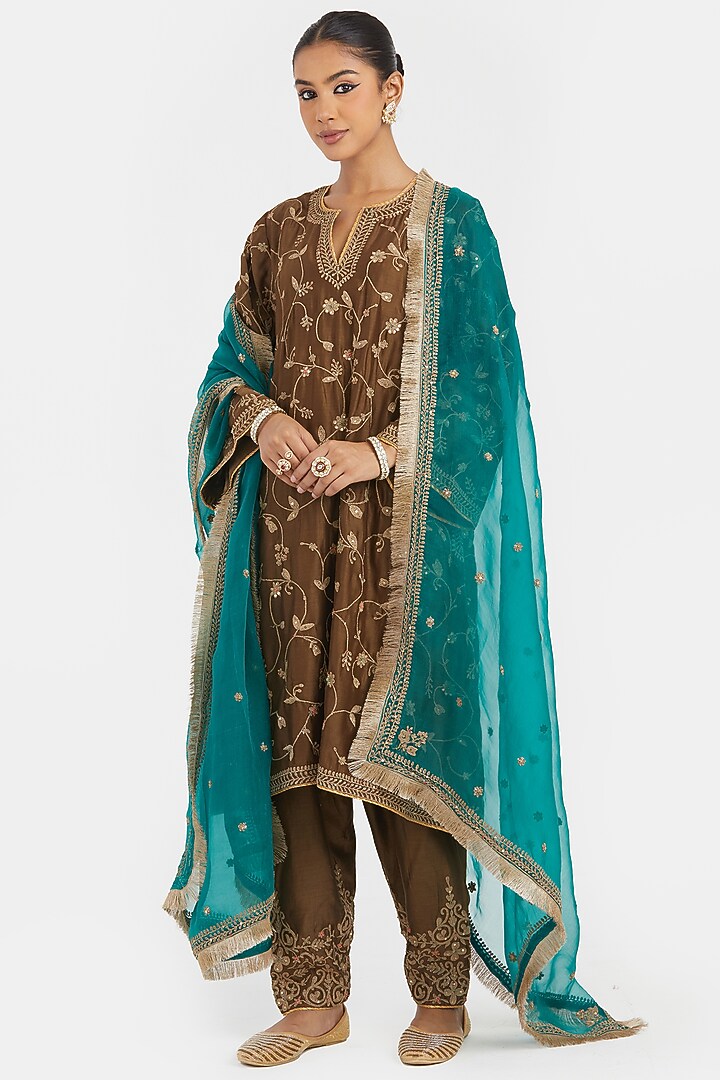 Olive Silk Chanderi Bead Embroidered A-Line Short Kurta Set by Kora at Pernia's Pop Up Shop