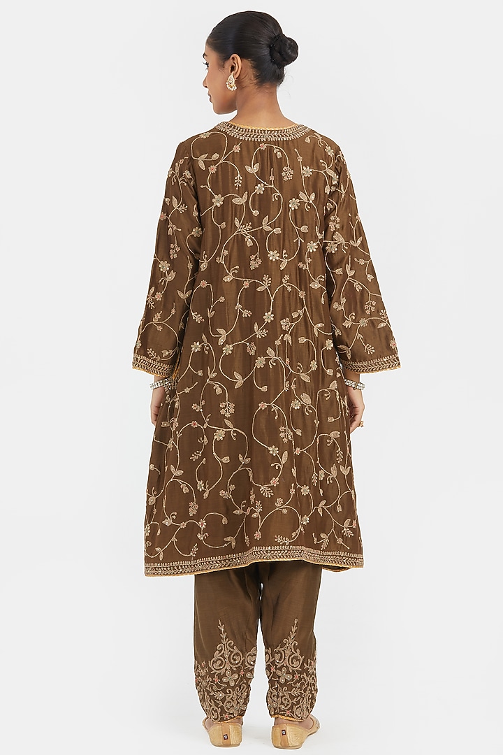 Olive Silk Chanderi Bead Embroidered A-Line Short Kurta Set by Kora at Pernia's Pop Up Shop