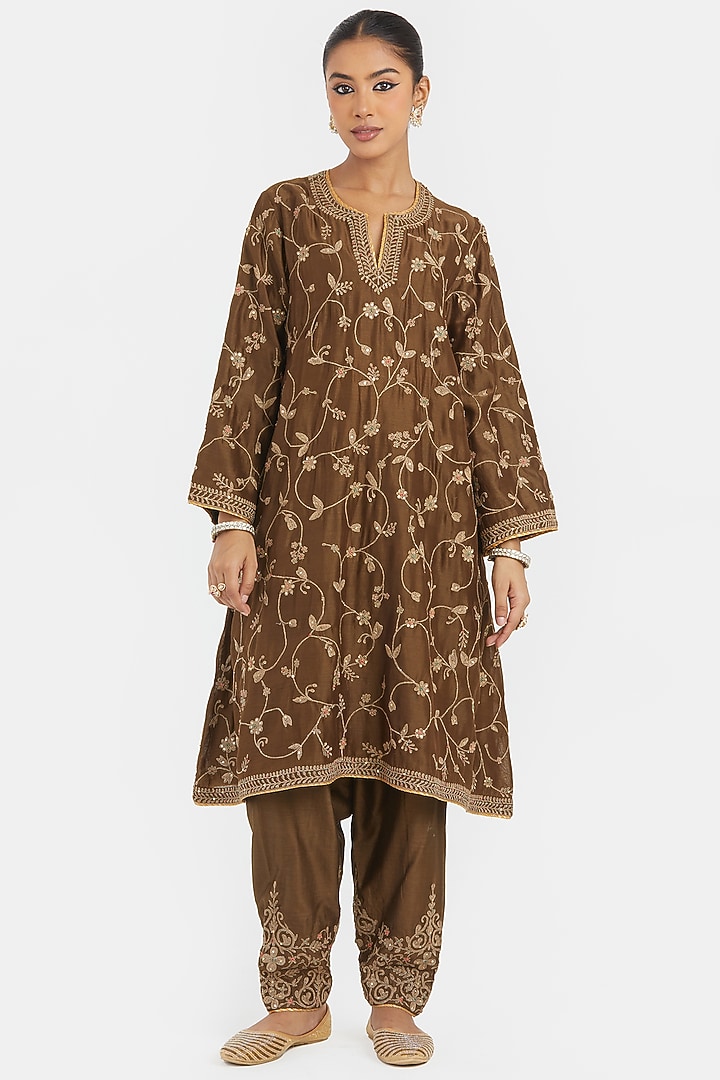 Olive Silk Chanderi Bead Embroidered A-Line Short Kurta Set by Kora at Pernia's Pop Up Shop