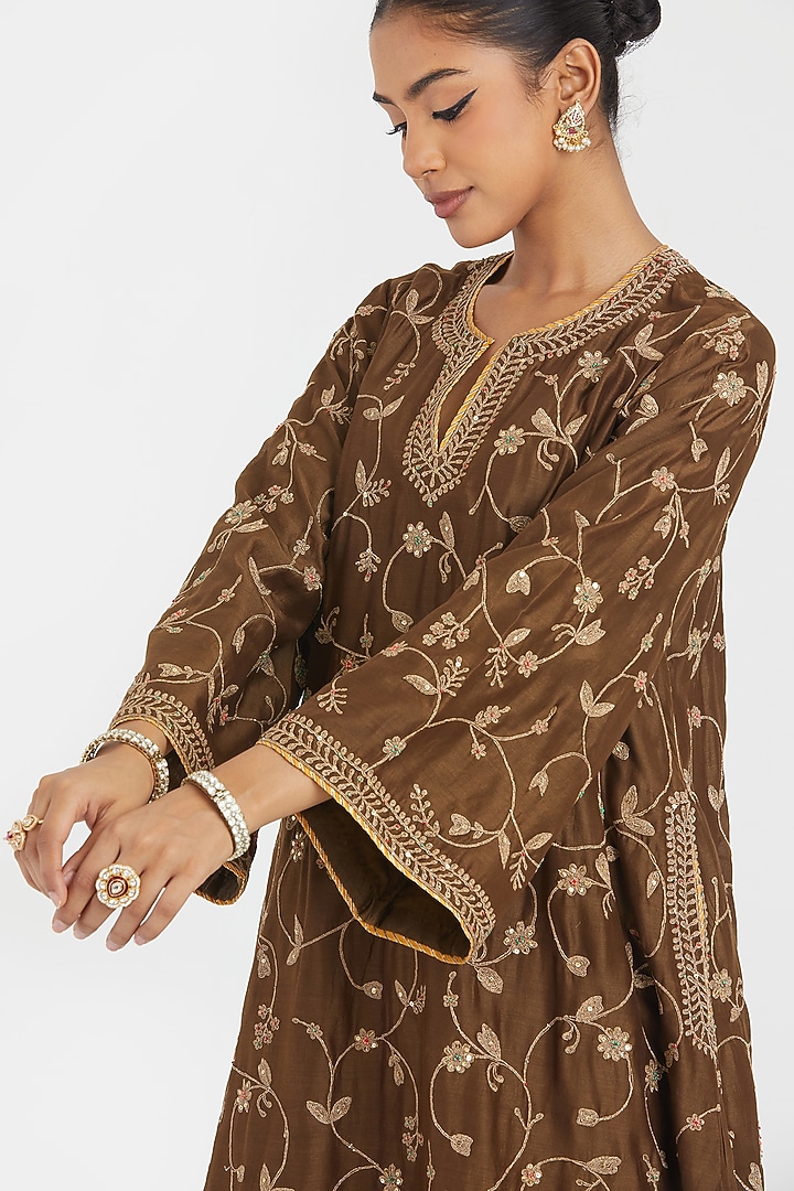 Olive Silk Chanderi Bead Embroidered A-Line Short Kurta Set by Kora at Pernia's Pop Up Shop