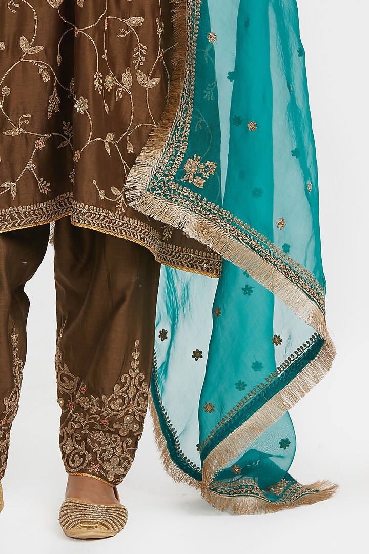 Olive Silk Chanderi Bead Embroidered A-Line Short Kurta Set by Kora at Pernia's Pop Up Shop