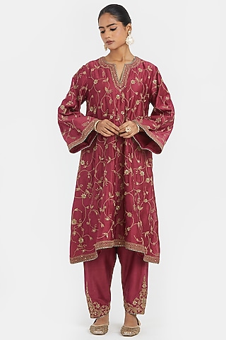 Red Silk Chanderi Dori Embroidered A-Line Short Kurta by Kora