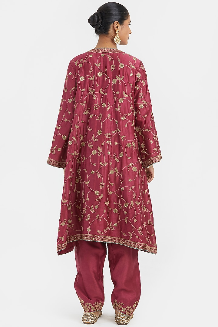 Red Silk Chanderi Dori Embroidered A-Line Short Kurta by Kora at Pernia's Pop Up Shop