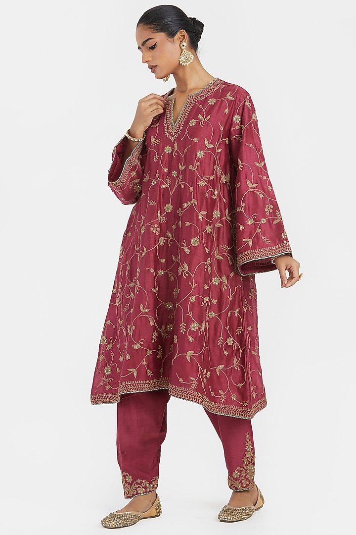 Red Silk Chanderi Dori Embroidered A-Line Short Kurta by Kora at Pernia's Pop Up Shop