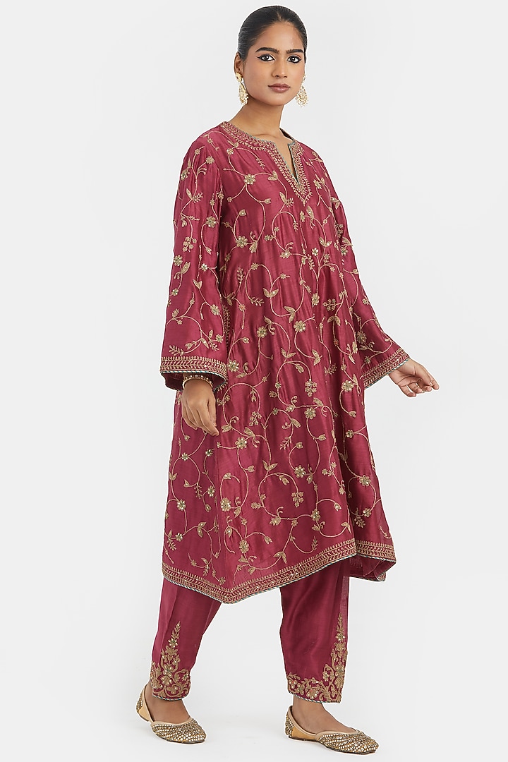 Red Silk Chanderi Dori Embroidered A-Line Short Kurta by Kora at Pernia's Pop Up Shop