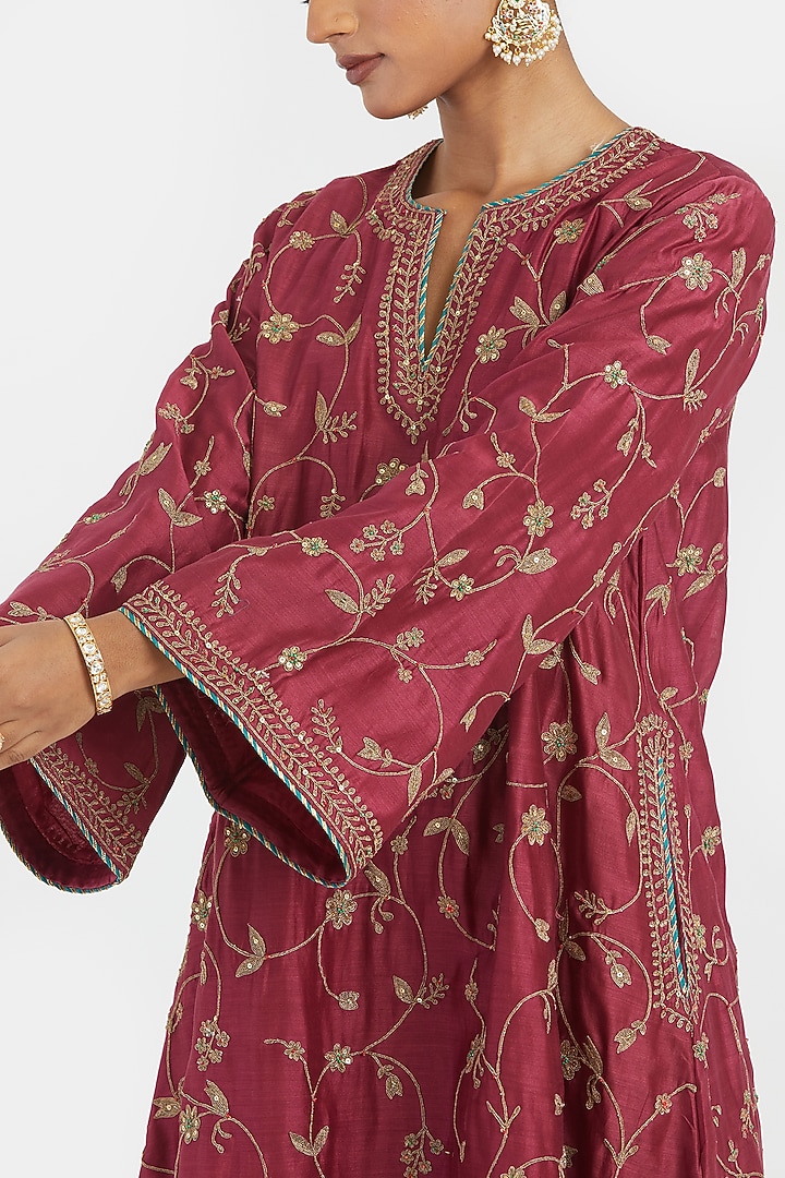 Red Silk Chanderi Dori Embroidered A-Line Short Kurta by Kora at Pernia's Pop Up Shop