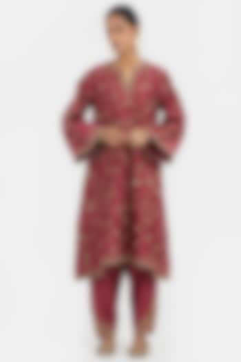 Red Silk Chanderi Dori Embroidered A-Line Short Kurta Set by Kora at Pernia's Pop Up Shop