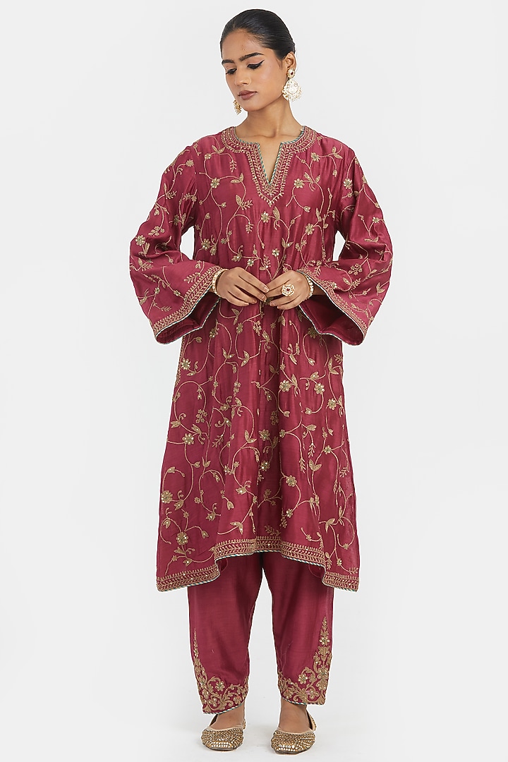 Red Silk Chanderi Dori Embroidered A-Line Short Kurta Set by Kora at Pernia's Pop Up Shop