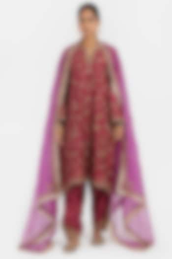 Red Silk Chanderi Dori Embroidered A-Line Short Kurta Set by Kora at Pernia's Pop Up Shop