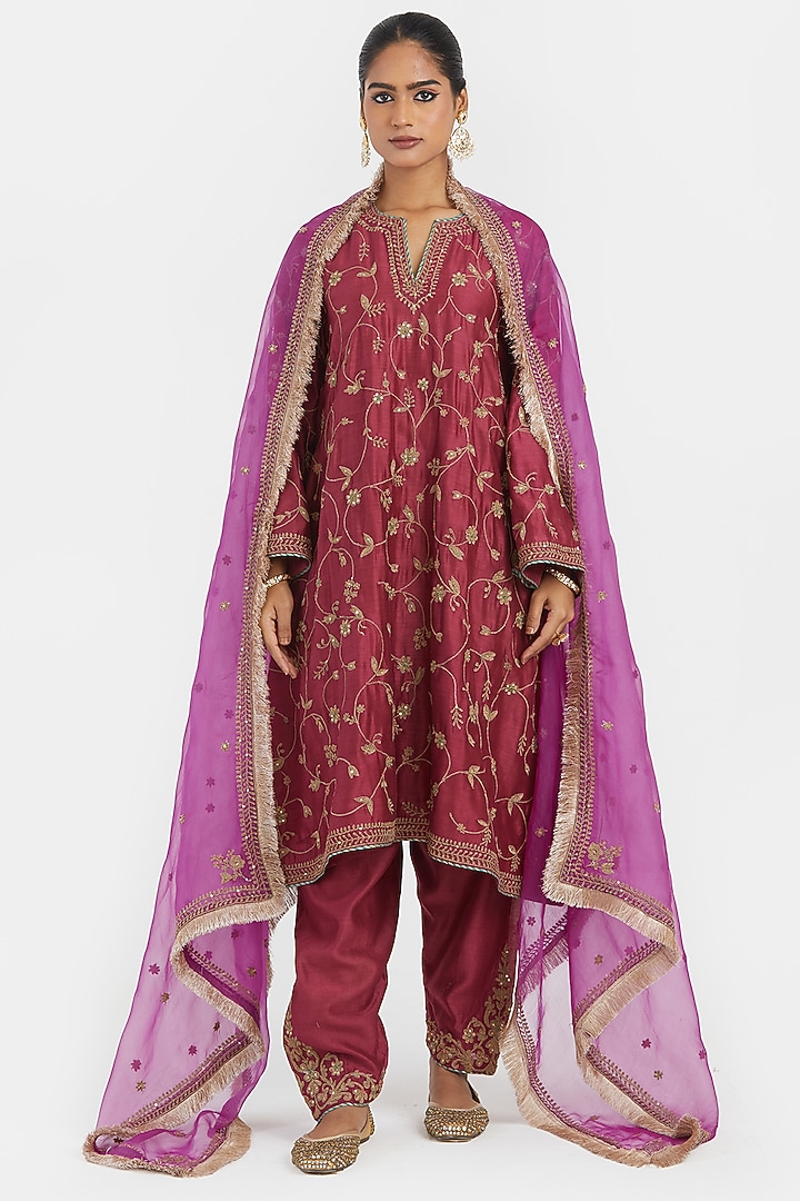 Red Silk Chanderi Dori Embroidered A-Line Short Kurta Set by Kora at Pernia's Pop Up Shop