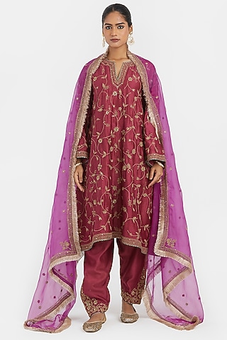 Red Silk Chanderi Dori Embroidered A-Line Short Kurta Set by Kora