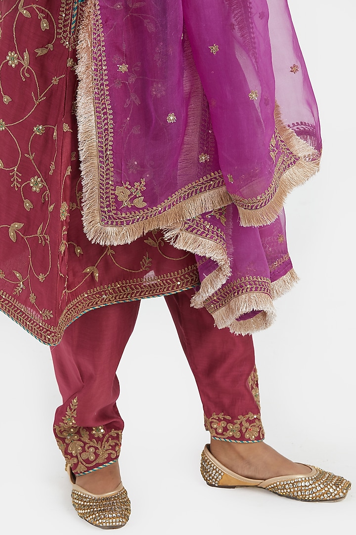 Red Silk Chanderi Dori Embroidered A-Line Short Kurta Set by Kora at Pernia's Pop Up Shop