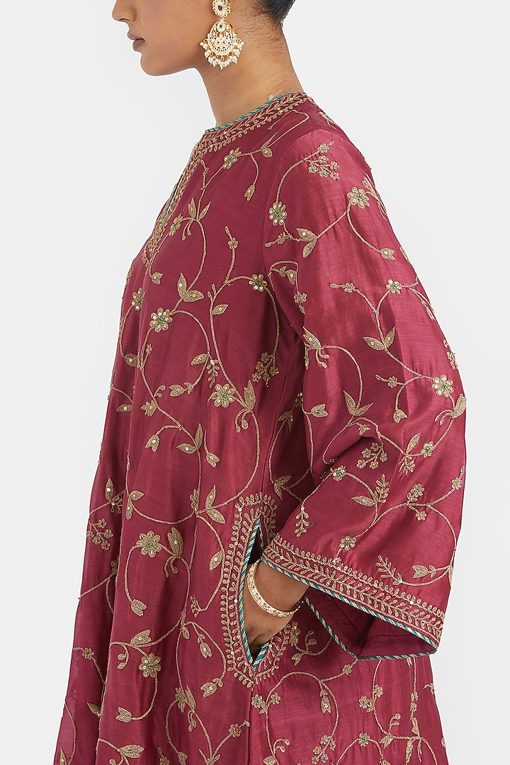 Red Silk Chanderi Dori Embroidered A-Line Short Kurta Set by Kora at Pernia's Pop Up Shop