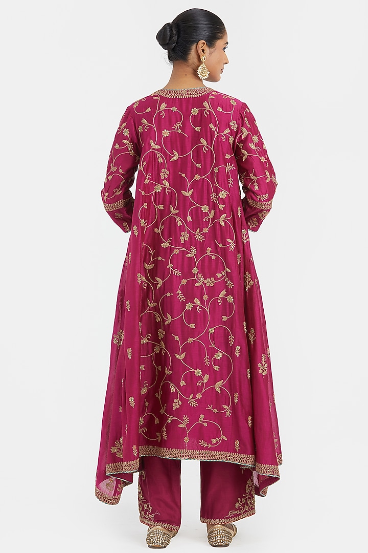 Deep Fuchsia Silk Chanderi Sequins Embroidered Asymmetric Kurta by Kora at Pernia's Pop Up Shop