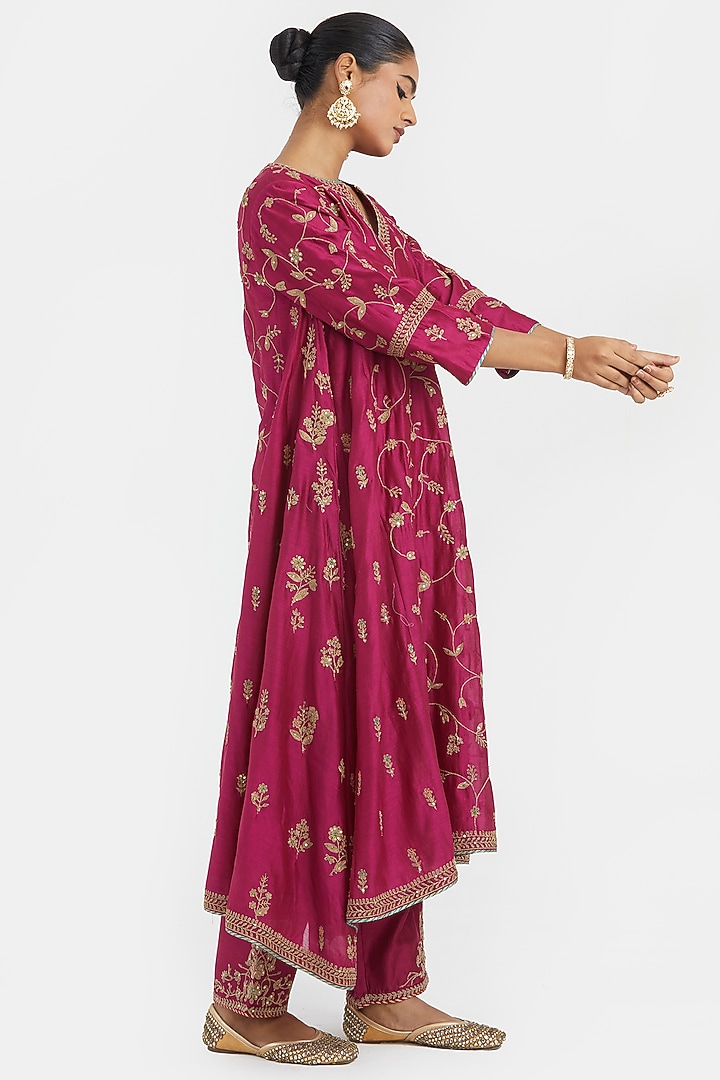 Deep Fuchsia Silk Chanderi Sequins Embroidered Asymmetric Kurta by Kora at Pernia's Pop Up Shop