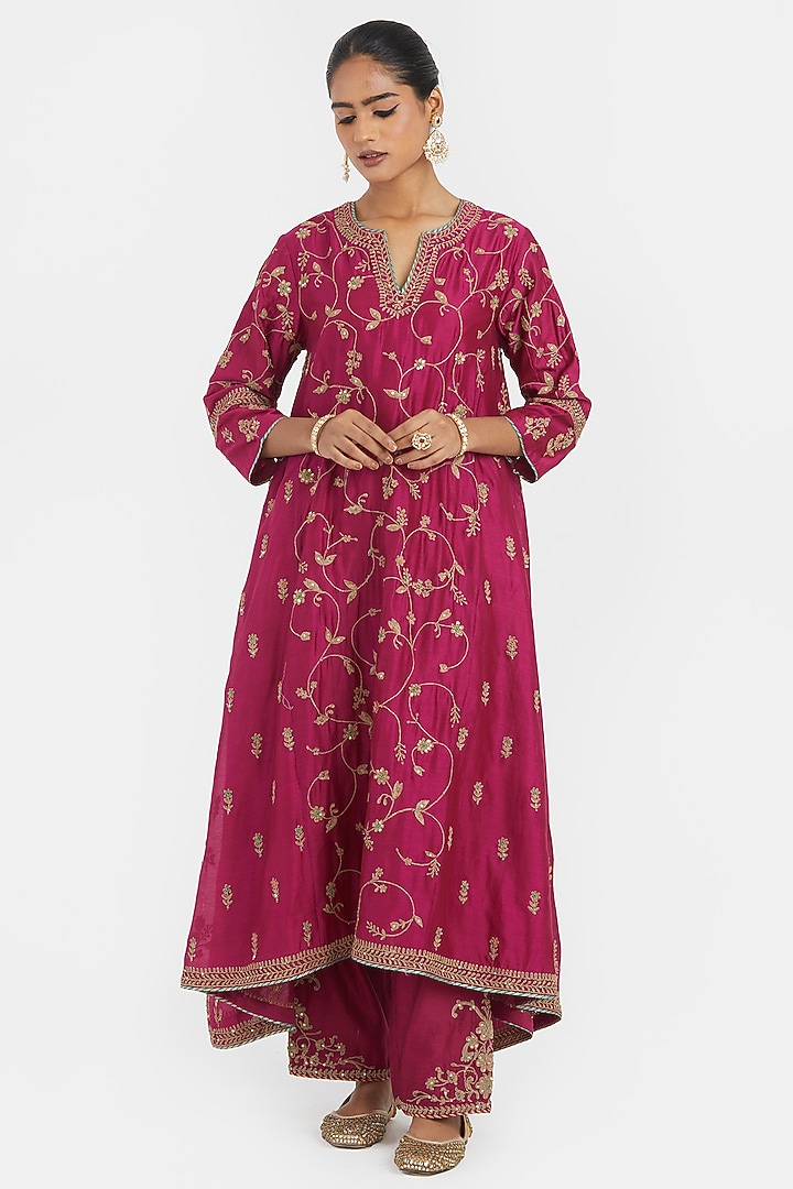 Deep Fuchsia Silk Chanderi Sequins Embroidered Asymmetric Kurta Set by Kora at Pernia's Pop Up Shop