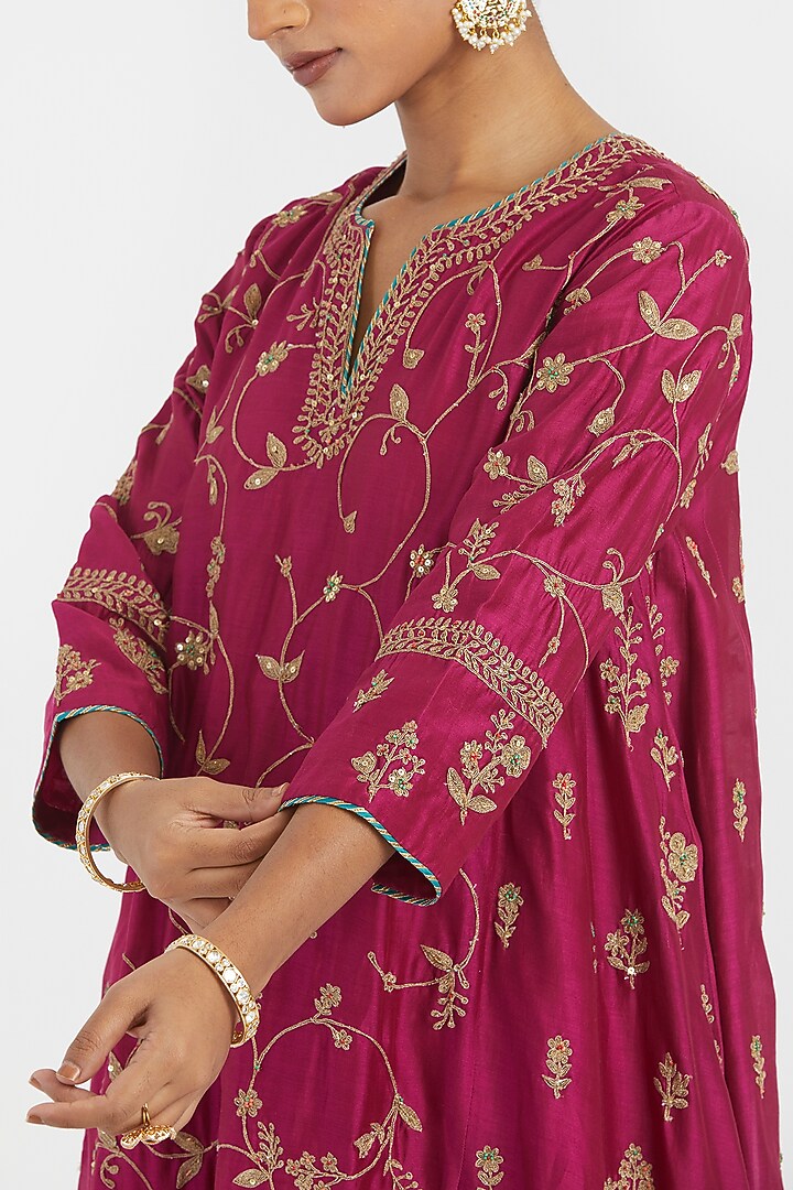 Deep Fuchsia Silk Chanderi Sequins Embroidered Asymmetric Kurta Set by Kora at Pernia's Pop Up Shop