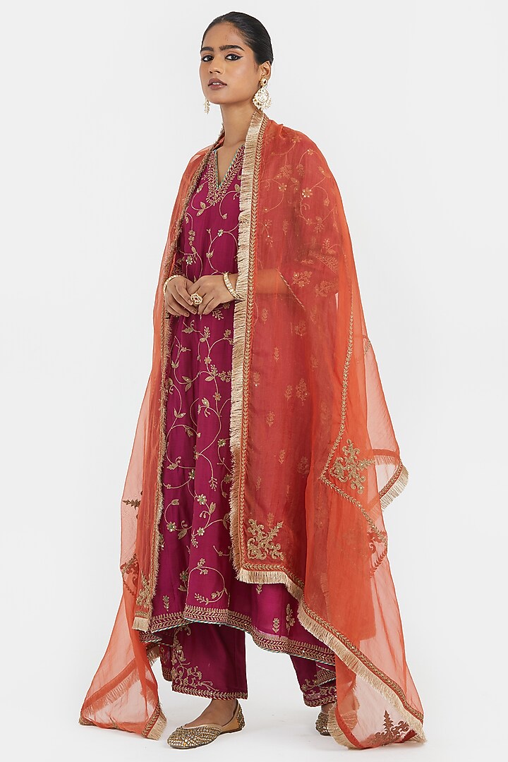 Deep Fuchsia Silk Chanderi Sequins Embroidered Asymmetric Kurta Set by Kora at Pernia's Pop Up Shop