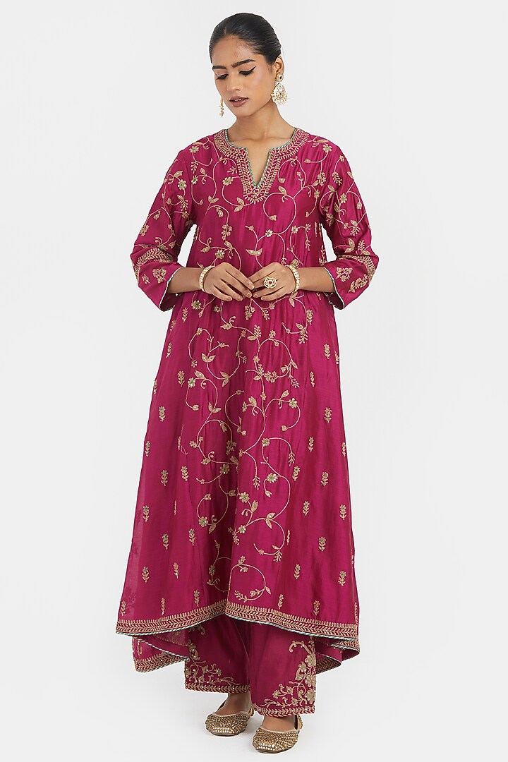 Deep Fuchsia Silk Chanderi Sequins Embroidered Asymmetric Kurta Set by Kora at Pernia's Pop Up Shop