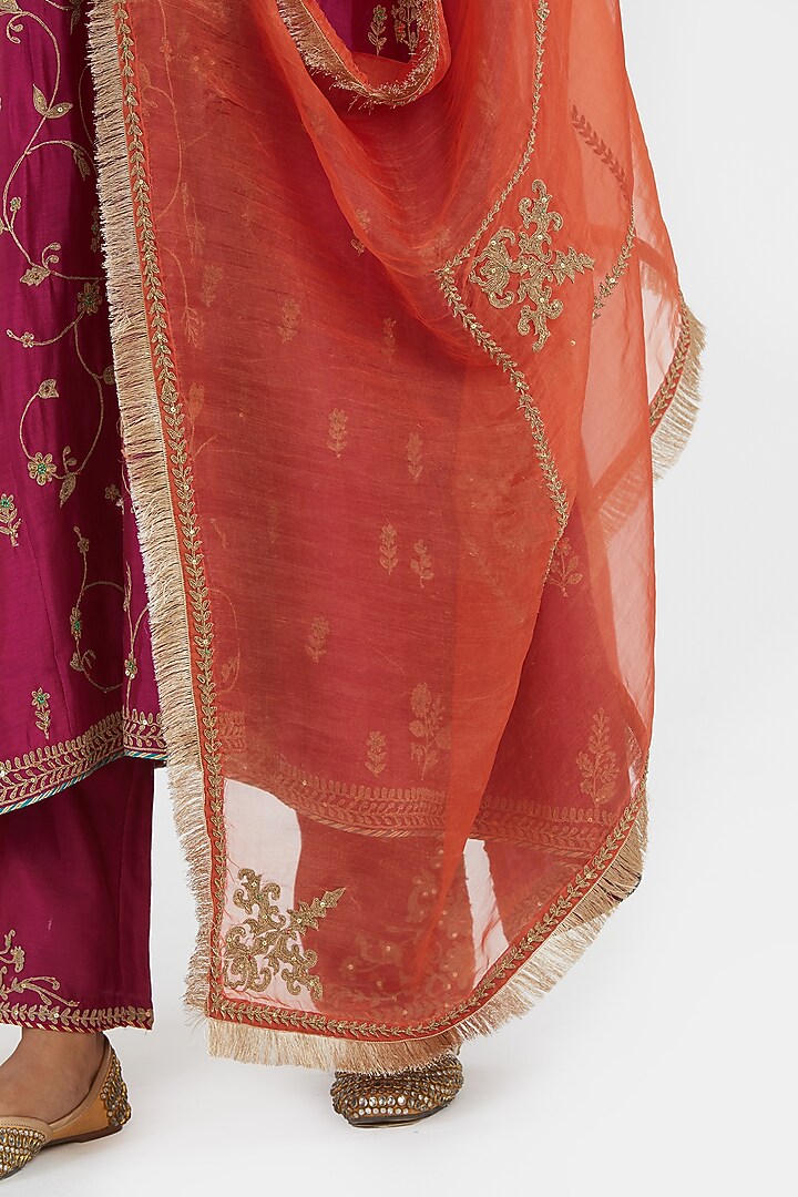 Deep Fuchsia Silk Chanderi Sequins Embroidered Asymmetric Kurta Set by Kora at Pernia's Pop Up Shop