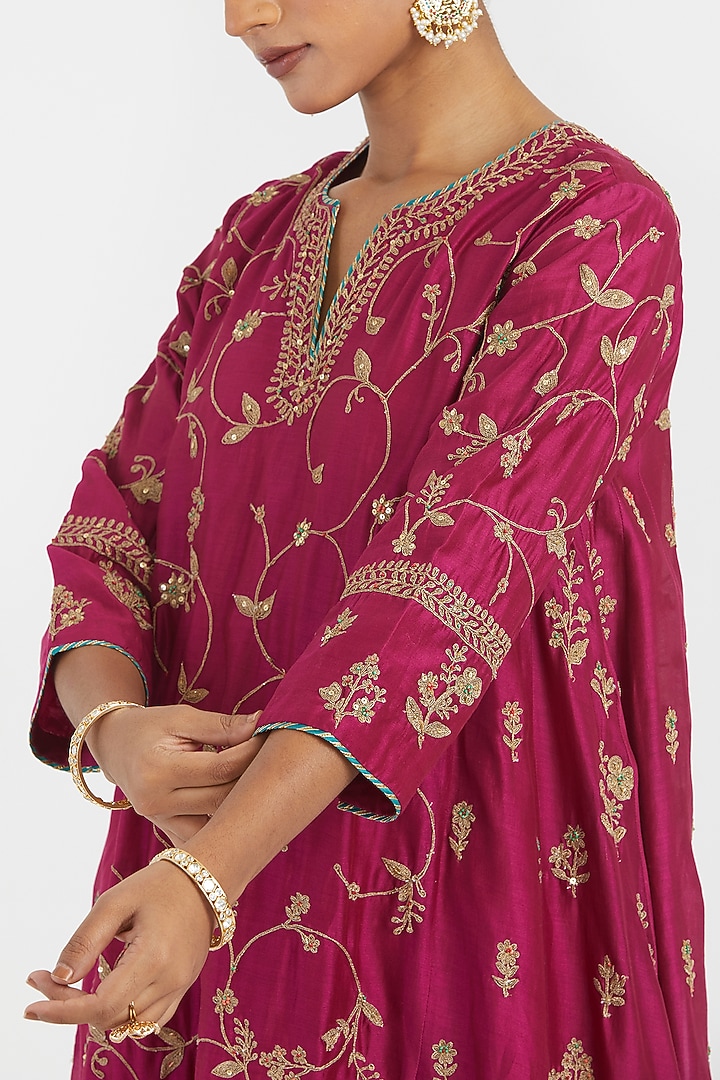 Deep Fuchsia Silk Chanderi Sequins Embroidered Asymmetric Kurta Set by Kora at Pernia's Pop Up Shop