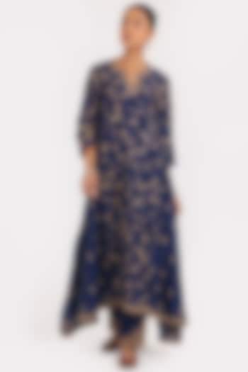 Prussian Blue Silk Chanderi Sequins Embroidered Asymmetric Kurta by Kora at Pernia's Pop Up Shop