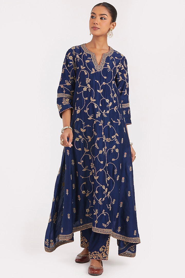 Prussian Blue Silk Chanderi Sequins Embroidered Asymmetric Kurta by Kora at Pernia's Pop Up Shop