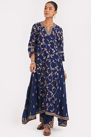Prussian Blue Silk Chanderi Sequins Embroidered Asymmetric Kurta by Kora