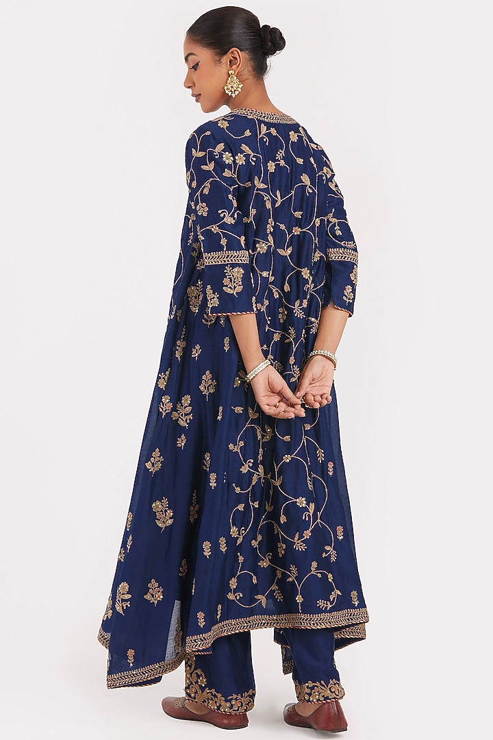 Prussian Blue Silk Chanderi Sequins Embroidered Asymmetric Kurta by Kora at Pernia's Pop Up Shop