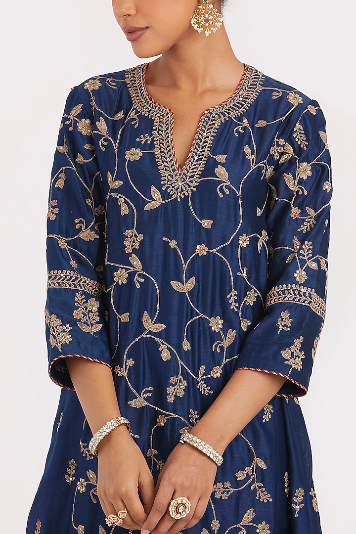 Prussian Blue Silk Chanderi Sequins Embroidered Asymmetric Kurta by Kora at Pernia's Pop Up Shop
