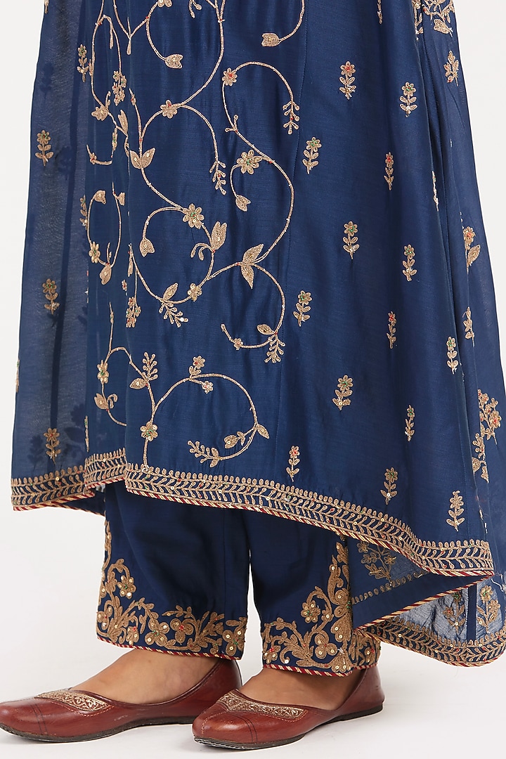 Prussian Blue Silk Chanderi Sequins Embroidered Asymmetric Kurta Set by Kora at Pernia's Pop Up Shop