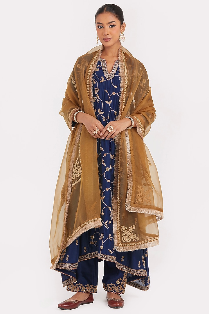 Prussian Blue Silk Chanderi Sequins Embroidered Asymmetric Kurta Set by Kora at Pernia's Pop Up Shop