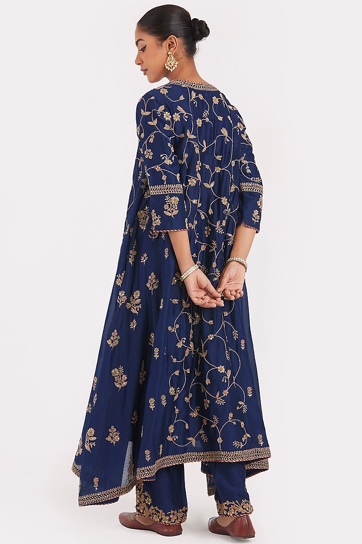 Prussian Blue Silk Chanderi Sequins Embroidered Asymmetric Kurta Set by Kora at Pernia's Pop Up Shop