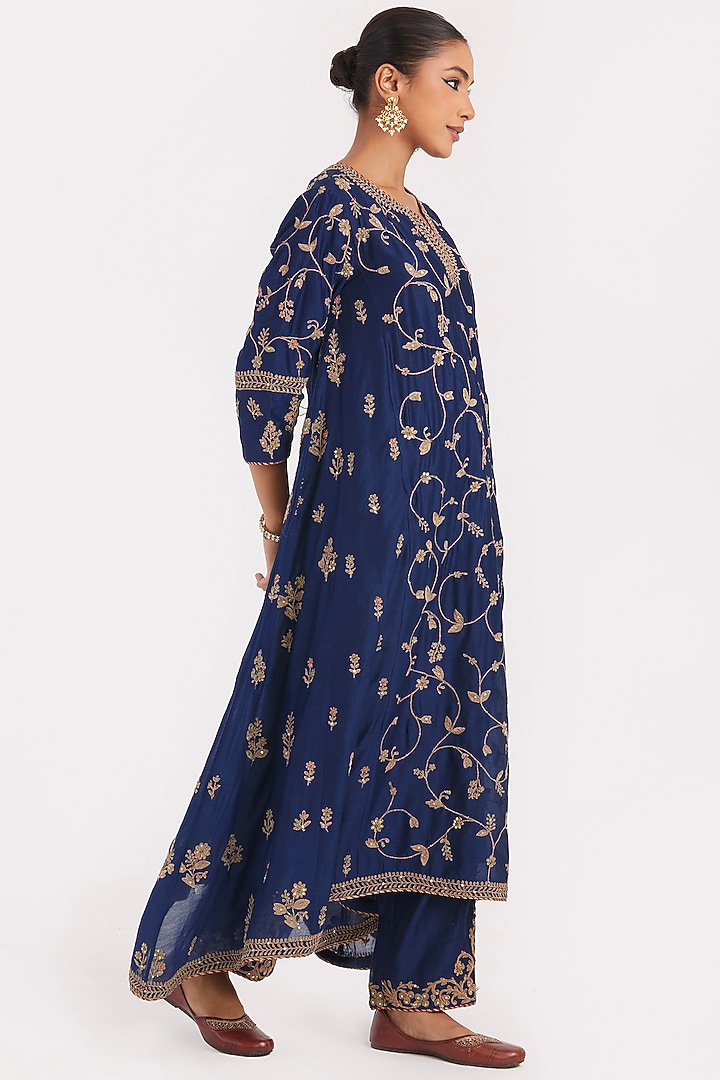 Prussian Blue Silk Chanderi Sequins Embroidered Asymmetric Kurta Set by Kora at Pernia's Pop Up Shop